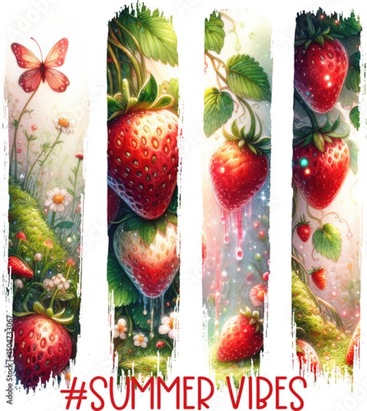 Fototapeta Brush strokes shape Sweet “#Summer Vibes” sublimation design with strawberries and butterfly—perfect for t-shirts, mugs, and fruity seasonal craft projects.