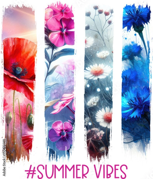Fototapeta Brush strokes shape Bold “#Summer Vibes” sublimation design with vibrant wildflowers—ideal for t-shirts, mugs, totes, and uplifting floral summer-themed projects.