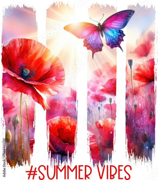 Fototapeta Radiant “#Summer Vibes” sublimation design brush strokes shape with red poppies and a vibrant butterfly—perfect for t-shirts, mugs, totes, and seasonal gift projects.