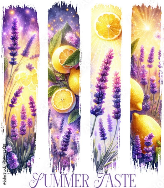 Fototapeta Brush strokes shape Bright summer bookmarks with lemons and lavender—ideal for seasonal reading, journaling, gifting, and uplifting printable craft designs.