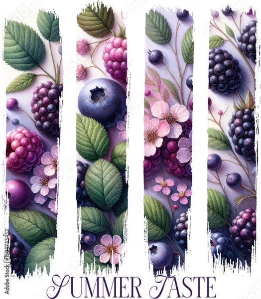 Fototapeta Brush strokes shape Stylish “Summer Taste” sublimation design with berries and florals—perfect for t-shirts, tumblers, tote bags, and fruity seasonal gift projects.