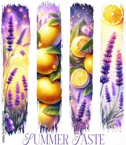 Fototapeta Brush strokes shape Bright summer bookmarks with lemons and lavender—ideal for seasonal reading, journaling, gifting, and uplifting printable craft designs.