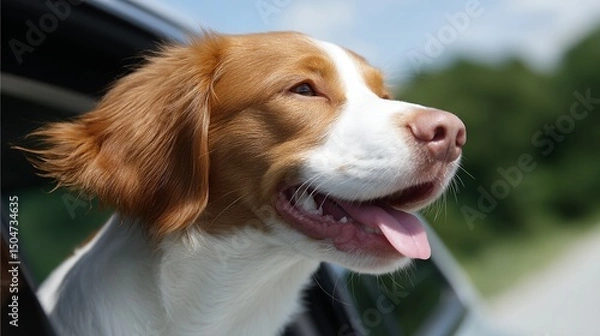 Fototapeta A happy dog with its head out of a car window enjoys the breeze. This joyful scene captures the spirit of adventure and the bond between pets and their owners. 