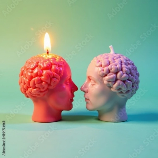 Fototapeta Two brain-shaped candles; one extinguished, one ablaze , brain, metaphor, neuroscience