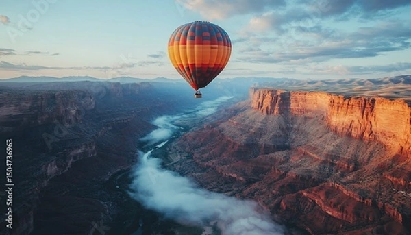 Fototapeta A breathtaking aerial view of a hot air balloon over the Grand Canyon during sunrise