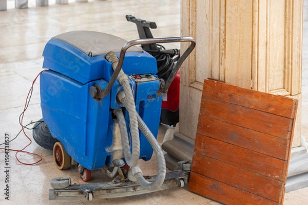 Obraz Blue floor scrubber, Used floor cleaner on the stone floor, Large machine