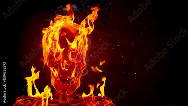 Fototapeta Burning skull on a black background. 3D render with real fire flames.