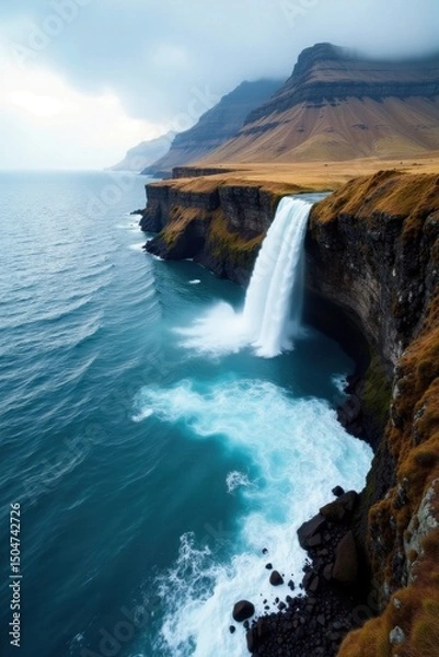 Fototapeta Sorvagsvatn lake dramatically cascades into the ocean , remote, serene, clouds