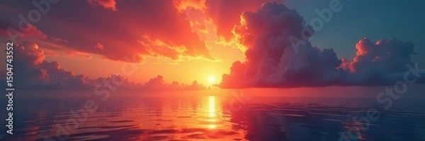 Fototapeta Fiery sunrise explodes across tranquil waters, illuminating cloudscape , light, dawn
