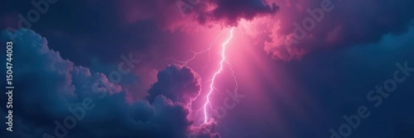 Fototapeta A jagged lightning bolt pierces heavy, dark clouds, flash, weather, intense
