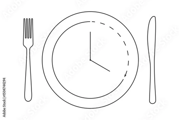 Fototapeta Dinner plate and cutlery with clock symbol for intermittent fasting diet concept in outline vector