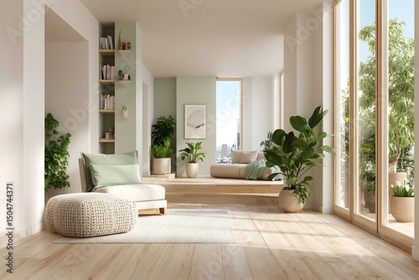 Obraz 식물과 자연광이 어우러진 미니멀 인테리어 공간 AI 생성