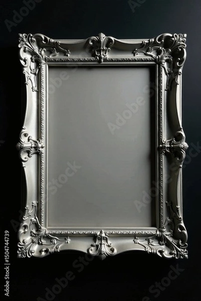 Fototapeta Elegant silver frame, vintage style, black backdrop, display frame, mockup