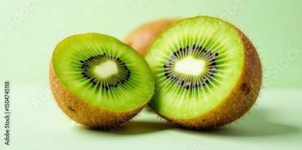 Fototapeta Fuzzy brown kiwi skin, bright green flesh visible, clean background, macro photography, single kiwi, isolated