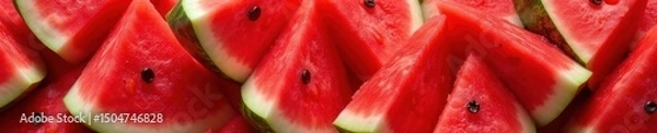 Fototapeta Neatly arranged fresh watermelon slices, vibrant red and green hues , texture, summer background
