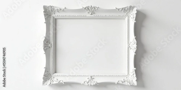 Fototapeta Empty ornate white wooden frame against a white wall , design element, decorative