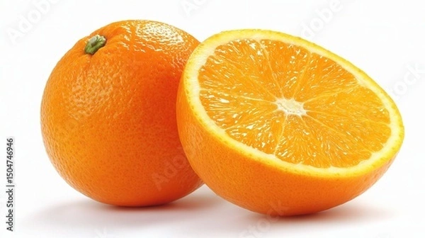 Obraz Juicy Orange Fruit Whole with Cut Wedge Beside on White Background
