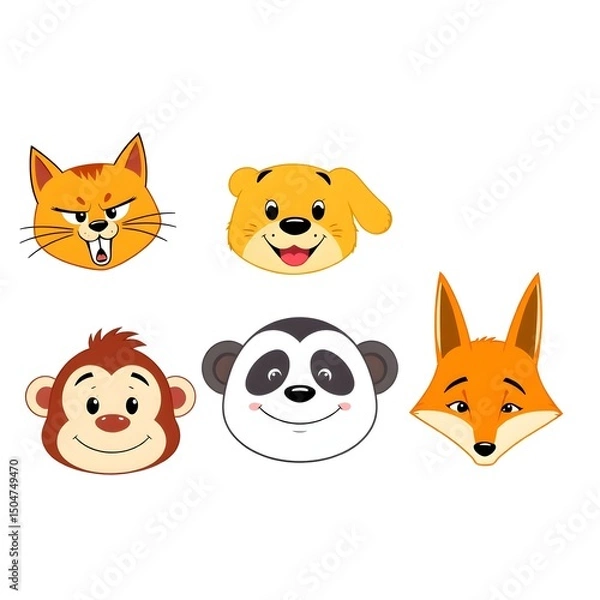 Fototapeta Cartoon or vector-style animal heads showing playful expressions — angry cat, surprised dog, happy monkey, sad panda, confused fox — cute and minimalistic, isolated on white background