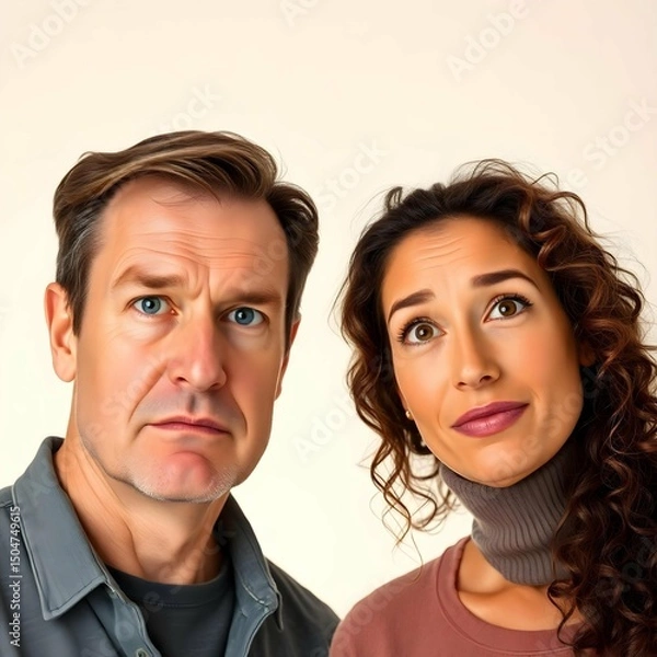 Fototapeta Portrait set of adult man and woman showing various emotional expressions — calm, annoyed, thoughtful, excited — with neutral background, clean lighting, studio style, space for overlay
