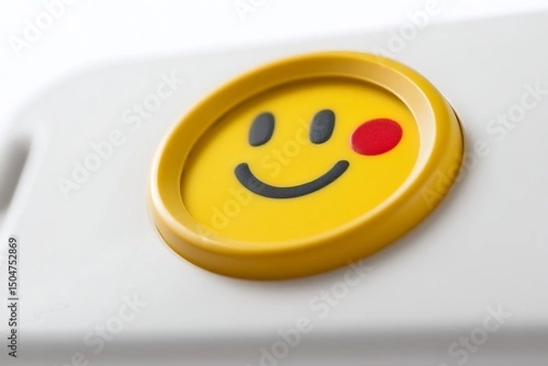 Obraz Imperfect Smiley: Yellow Button with Red Dot on White Background