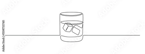 Fototapeta Whiskey glass in one continuous line drawing. Whisky and liquor with ice cubes for alcohol drink menu in simple linear style. Editable stroke. Doodle monoline vector illustration