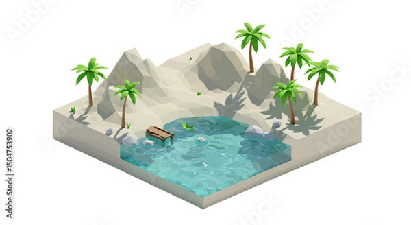 Fototapeta Isometric Low-Poly Floating Island Featuring Palm Trees Mountains And Lagoon With Minimal Shadows For Indie Game Art And E-Book Covers