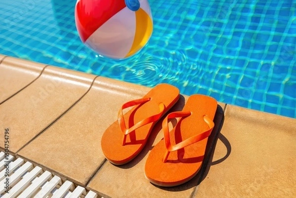 Obraz Vibrant summer scene with flip flops and beach ball