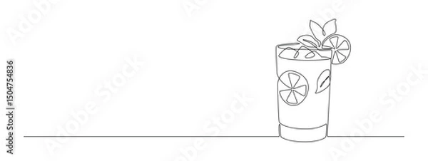 Fototapeta Glass of cocktail in continuous one line drawing. Mojito and beverage bar in simple linear style. Alcohol drink menu in editable stroke. Doodle oneline vector illustration