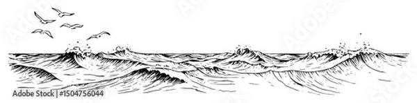 Fototapeta ocean waves with birds in outline engraving sketch style