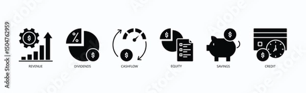 Obraz Financial Flow Icon Set Isolated Vector With Icon Of Revenue, Dividends, Cashflow, Equity, Savings, Credit In Glyph Style