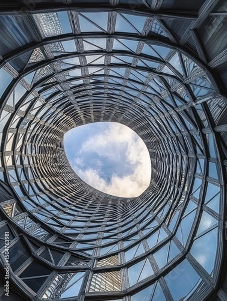 Fototapeta Looking up through a spiraling modern glass and steel atrium revealing a bright sky with clouds, evoking a sense of openness and architectural innovation