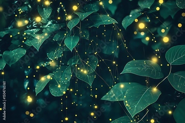 Obraz Enchanted Forest Glowing Lights and Lush Green Leaves