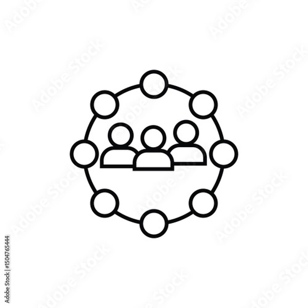 Fototapeta Minimalist black and white icon of three people inside a circular network, symbolizing teamwork, communication, collaboration, and community connection in business.