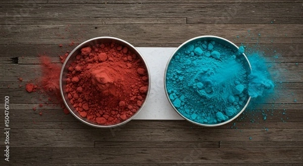 Fototapeta two bowls of colored powder on a wooden surface