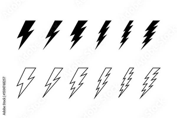 Fototapeta Collection of bolt icons. Thunderbolt silhouettes isolated on white background. Flash light, energy, power or electricity symbols. Blitz, glow, burst or dazzle signs. Vector graphic illustration.