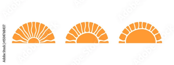 Fototapeta Groovy sun silhouettes. Wavy orange sunny rays in semicircle shape. Sunburst, sunrise or sunset signs. Summer theme modern print. Happy positive vibes concept. Vector flat illustration.