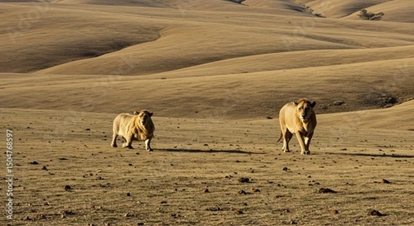 Fototapeta two cows walking in a field of dry grass