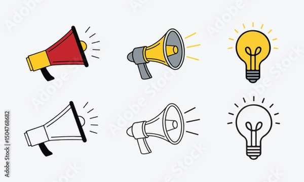 Fototapeta Set of promotion, Megaphones and Light Bulbs Icons, Line and Colorful Vector Style on White Background