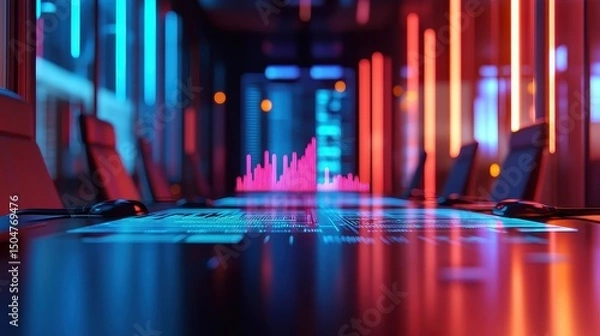 Fototapeta Finance meeting, conference table with floating data, 3D illustration.