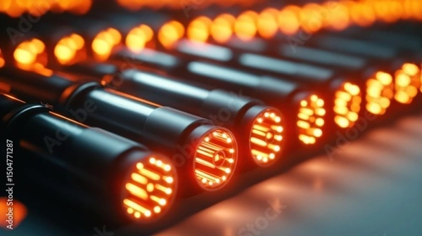 Fototapeta Close up view of digital tech components with illuminated led lights creating a futuristic atmosphere