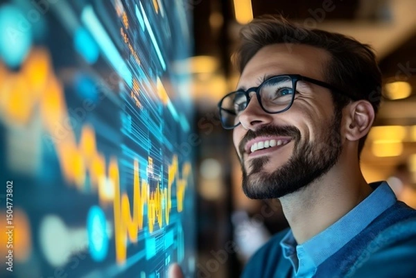Fototapeta Happy Analyst Reviewing Data on Interactive Display