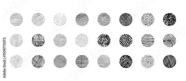 Fototapeta Set of isolated vector black grunge hitting and stroking textured ink pen round shapes. Unique squiggle scratched hand drawn curve texture circles collection for graphic design, patterns