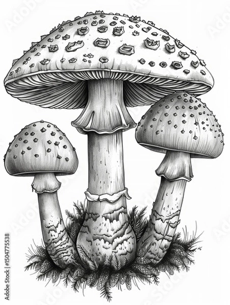 Fototapeta Cluster of Mushrooms Botanical Line Drawing


