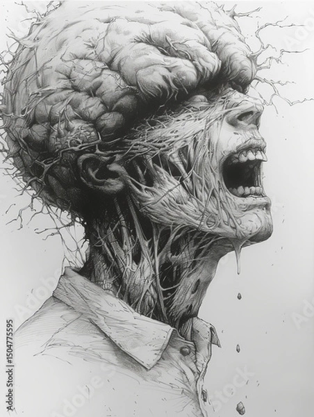 Fototapeta Surreal Screaming Figure with Exposed Brain and Veins

