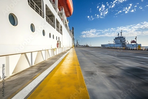 Obraz Cargo Ship Docked at Port, Yellow Line Perspective