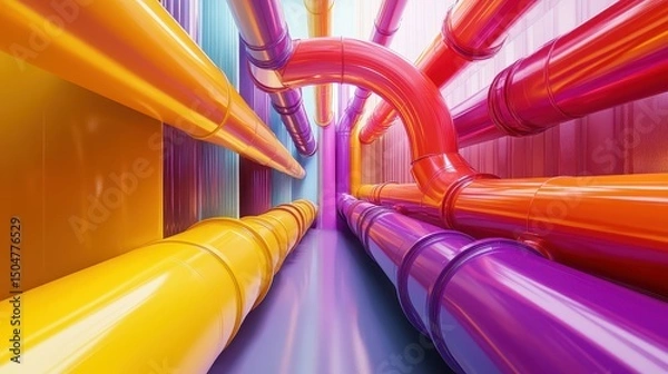 Fototapeta Revenue streams, pipelines turning into colorful graphs, 3D illustration. 