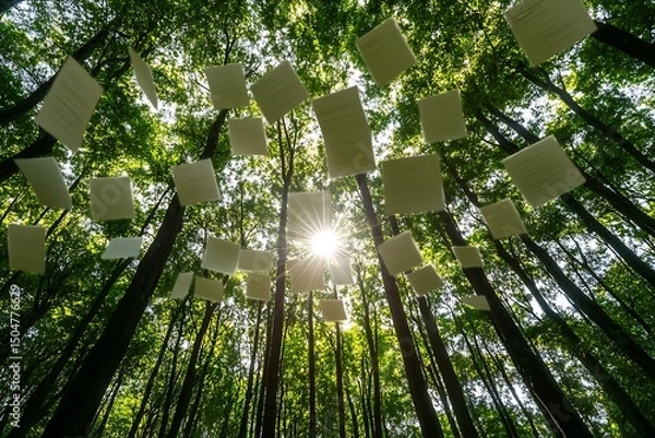 Obraz Sunlit Forest Installation: White Squares Suspended Among Trees