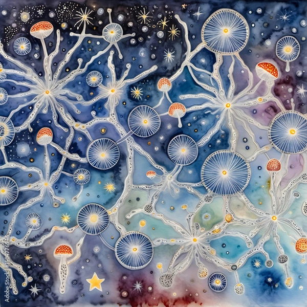 Fototapeta Sprawling fungal mycelium form constellations in an imagined sky. Dots, stars, and tiny spores act as navigational symbols, and the fungal strands create a branching, celestial web across the page.