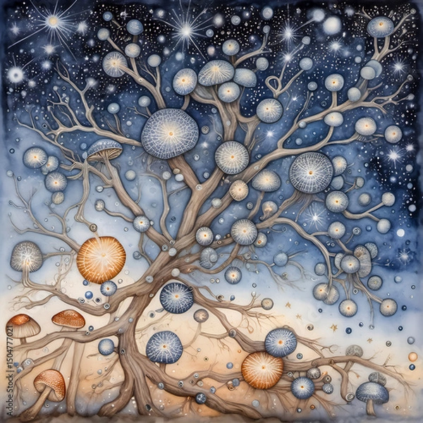 Fototapeta Sprawling fungal mycelium form constellations in an imagined sky. Dots, stars, and tiny spores act as navigational symbols, and the fungal strands create a branching, celestial web across the page.