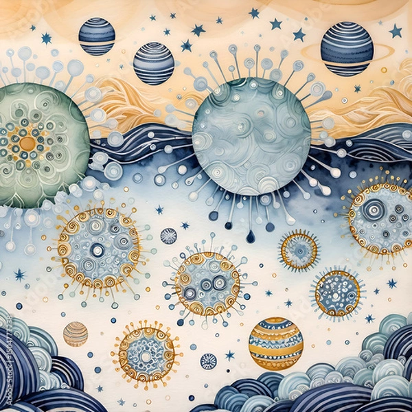 Fototapeta Soft geometric virus shapes drift like floating seeds across a patterned void. Their forms are stylized — crystalline yet floral — surrounded by orbits, waves, and dreamy ink detailing.